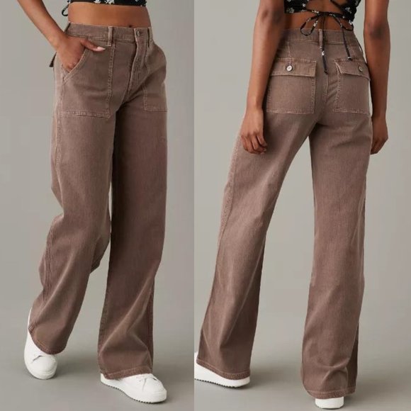 American Eagle Outfitters Pants - AE Stretch Super High-Waisted Baggy Wide-Leg Pant Brown Size 6